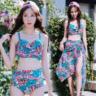 Set: Floral Print Bikini Top + High Waist Bottoms + Cover Up