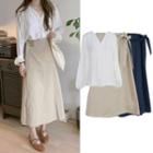 Plain Long-sleeve Loose-fit Blouse / Bow-accent High-waist A-line Skirt