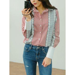 Wide-cuff Pattern Gingham Blouse