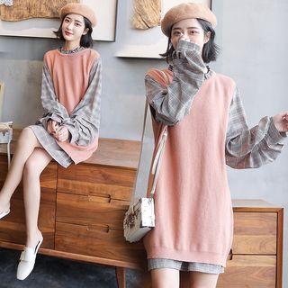Mock Two-piece Long-sleeve Plaid Panel Knit Dress