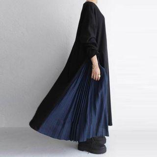 Long-sleeve Two-tone Maxi Shift Dress