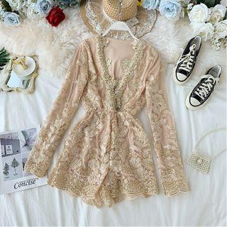 Long-sleeve V-neck Lace Romper