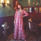 Patterned V-neck 3/4-sleeve Maxi A-line Dress