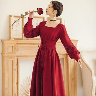 Long-sleeve Square-neck Lace-up Midi A-line Dress
