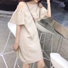 Elbow-sleeve Cold Shoulder Mini Dress Almond - One Size