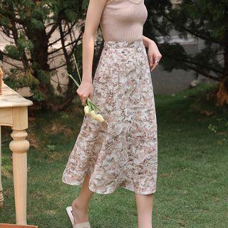 Print Chiffon Slit Midi Skirt
