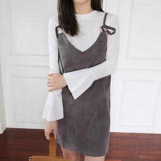 Set: Ruffle-sleeve Top + Spaghetti-strap Corduroy Minidress