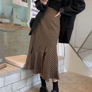 Checkered Ruffle Hem Midi A-line Skirt