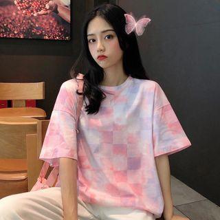 Elbow-sleeve Tie-dye Plaid T-shirt