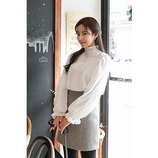 High-neck Frill-cuff Pintuck Blouse