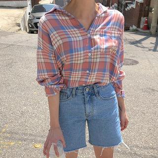Pastel-color Silky Plaid Shirt