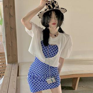 Spaghetti-strap Checkered Mini Bodycon Dress / Short-sleeve Heart Cutout T-shirt