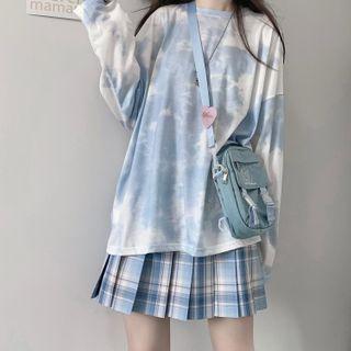 Long-sleeve Tie-dyed T-shirt Long-sleeve - Blue & White - One Size