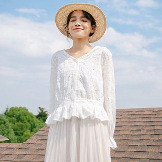 V-neck Embroidered Blouse White - One Size