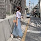 Band-waist Linen Blend Flared Skirt Sky Blue - One Size