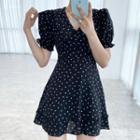 Short-sleeve Heart Print Mini A-line Dress Black - One Size