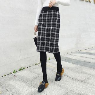 Midi Plaid Straight-fit Knit Skirt Black - One Size