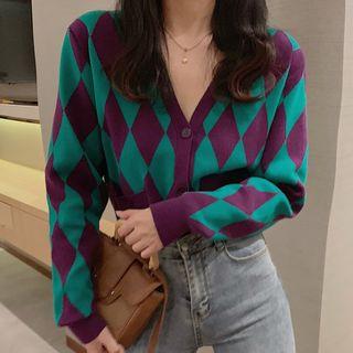 V-neck Argyle Print Cardigan As Shown In Figure - One Size