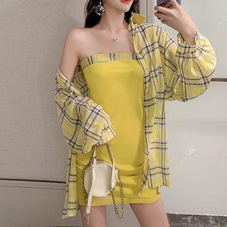 Set: Plaid Oversize Shirt + Strapless Mini Sheath Dress