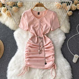 Puff-sleeve Round-neck Ruched Lace-up Dress