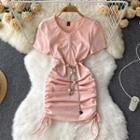 Puff-sleeve Round-neck Ruched Lace-up Dress