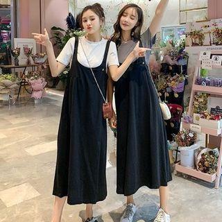 Set: Short-sleeve T-shirt + A-line Midi Suspender Dress