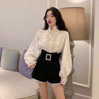 Puff-sleeve Blouse / High Waist Wide-leg Shorts