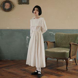 Long-sleeve Lace Trim Midi A-line Dress / Faux Pearl Belt / Set