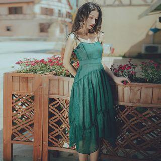 Spaghetti Strap Embroidered Frill Trim Midi Dress