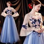 Bell-sleeve Flower Embroidered A-line Evening Gown