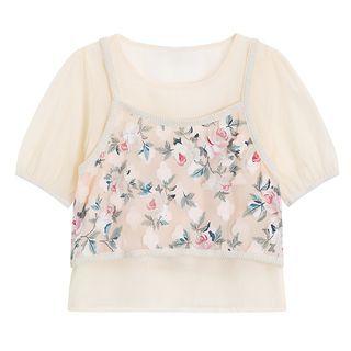 Short-sleeve Mesh Top / Print Camisole Top / Set