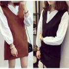 Set: Long-sleeve Blouse + V-neck Pinafore Dress