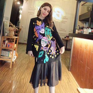 Print Long-sleeve Panel Dress
