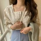 Floral Long-sleeve Square-neck Blouse / Plain Midi Straight-fit Skirt