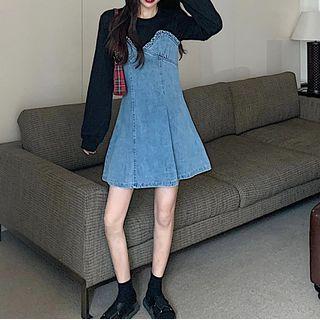 Denim Panel Long-sleeve A-line Dress Blue - One Size