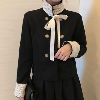 Lace Panel Button Jacket / High Waist A-line Skirt