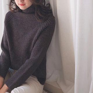 Mock-neck Ribbed Knit Top Charcoal Gray - One Size