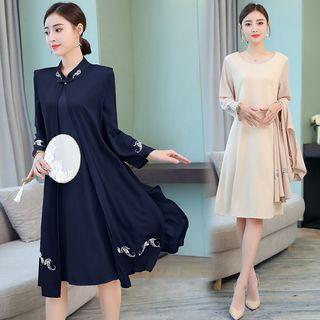 Set: Embroidered Long-sleeve A-line Dress + Mandarin Collar Long Vest
