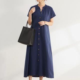 Short-sleeve Single-breasted Plain A-line Dress Dark Blue - One Size
