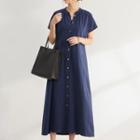 Short-sleeve Single-breasted Plain A-line Dress Dark Blue - One Size