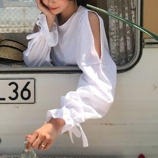 Cold Shoulder Long-sleeve T-shirt White - One Size