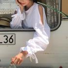 Cold Shoulder Long-sleeve T-shirt White - One Size