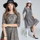Short-sleeve Floral Embroidered Crewneck Sequined Cutout Lace Sheath Dress