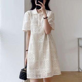 Short-sleeve Perforated A-line Polo Dress