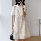 Short-sleeve Perforated A-line Polo Dress