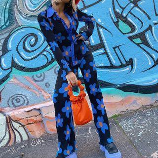 Set: Floral Print Long-sleeve Blouse + Floral Print Wide-leg Pants