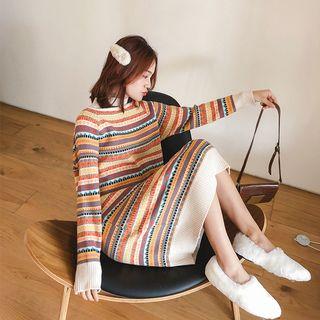 Patterned Long Knit Vest / Long-sleeve Knit Dress / Sweater / H-line Knit Skirt / Set