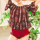 Set: Ruffle Trim High-waist Bikini + Patterned Off-shoulder Top