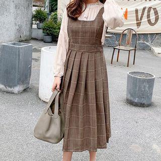 Set: Long-sleeve Blouse + Plaid Midi A-line Pinafore Dress