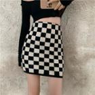 Checker Print Knit Skirt Plaid - Black & White - One Size